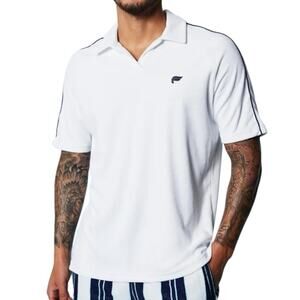 Fabletics NWTs Mens The Island Terry Polo Shirt White Blue size Large